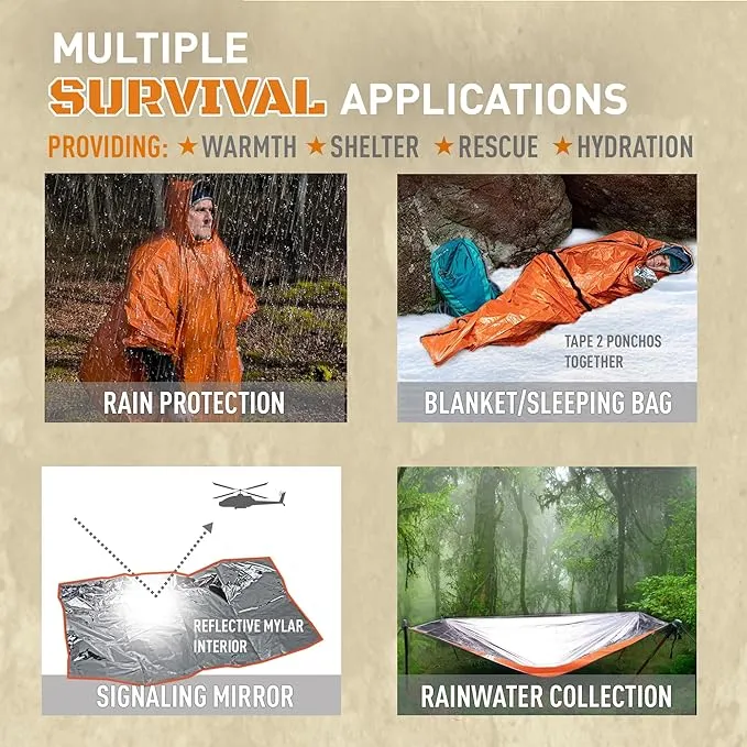 Emergency Survival Poncho. 2 Thermal Mylar Space Blanket Rain Ponchos. Camping Accessories, Outdoor Survival Gear.