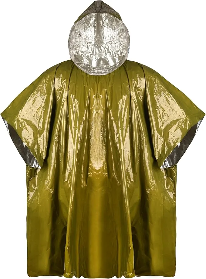 Emergency Survival Rain Poncho 4 pack Thermal Mylar Space Blanket Life Ponchos with Hood Waterproof for Adults Car Outdoor Activities Hiking Camping Gear Equipment and Supplies (Orange and Green)