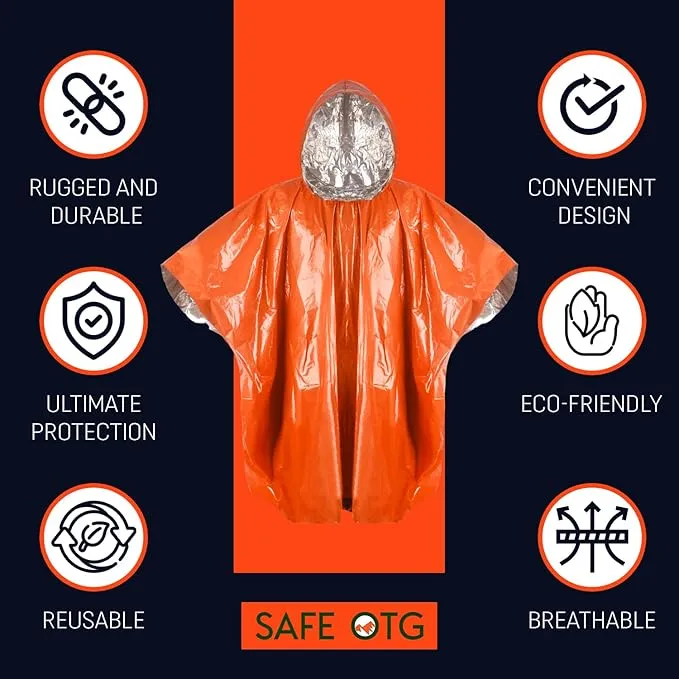 Emergency Survival Rain Poncho 4 pack Thermal Mylar Space Blanket Life Ponchos with Hood Waterproof for Adults Car Outdoor Activities Hiking Camping Gear Equipment and Supplies (Orange and Green)