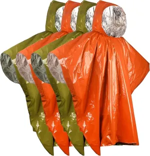 Emergency Survival Rain Poncho 4 pack Thermal Mylar Space Blanket Life Ponchos with Hood Waterproof for Adults Car Outdoor Activities Hiking Camping Gear Equipment and Supplies (Orange and Green)