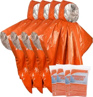 Emergency Survival Rain Poncho 4 pack Thermal Mylar Space Blanket Orange Life Ponchos Blankets with Hood Waterproof for Adults Car Outdoor Activities Hiking Camping Gear Equipment and Supplies