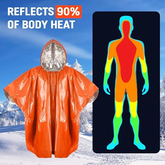 Emergency Survival Rain Poncho 4 pack Thermal Mylar Space Blanket Orange Life Ponchos Blankets with Hood Waterproof for Adults Car Outdoor Activities Hiking Camping Gear Equipment and Supplies