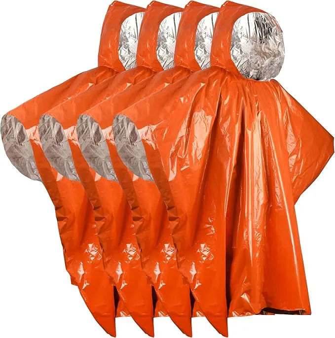 Emergency Survival Rain Poncho 4 pack Thermal Mylar Space Blanket Orange Life Ponchos Blankets with Hood Waterproof for Adults Car Outdoor Activities Hiking Camping Gear Equipment and Supplies