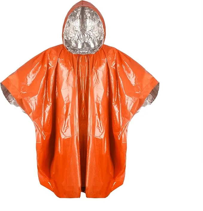 Emergency Survival Rain Poncho 4 pack Thermal Mylar Space Blanket Orange Life Ponchos Blankets with Hood Waterproof for Adults Car Outdoor Activities Hiking Camping Gear Equipment and Supplies