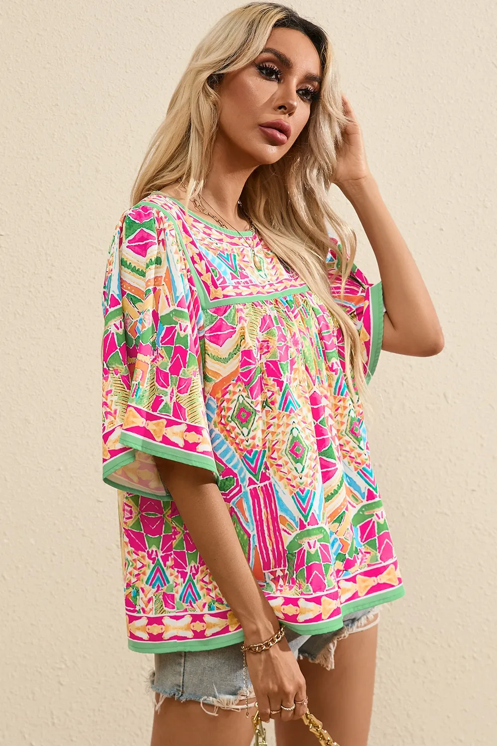 Emmory Printed Round Neck Half Sleeve Blouse