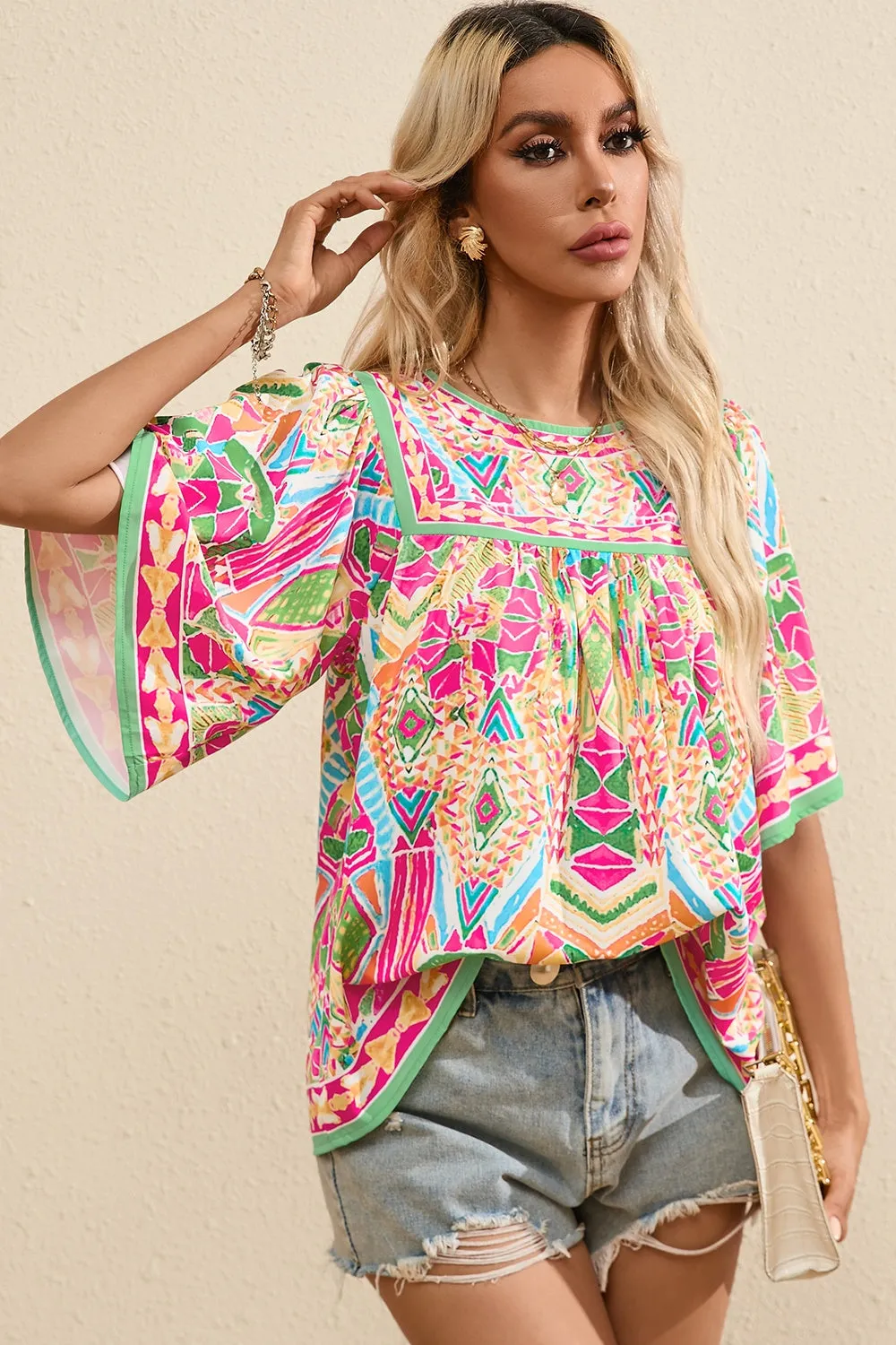 Emmory Printed Round Neck Half Sleeve Blouse