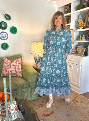 Emory Blockprint Midi Dress in Green