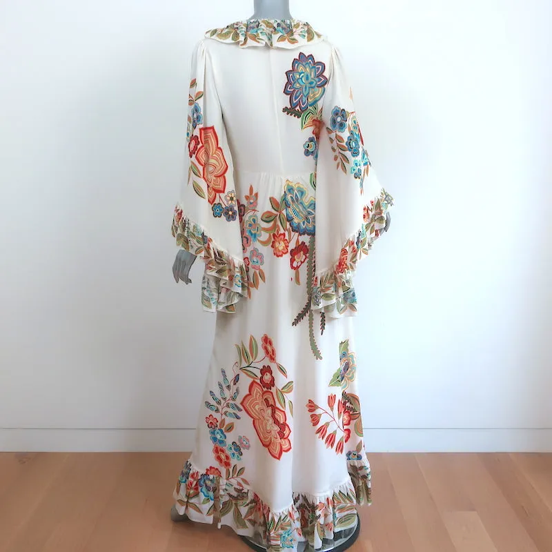 Etro Maxi Dress Monterey Ivory Floral Print Ruffled Silk Size 42 V-Neck Gown