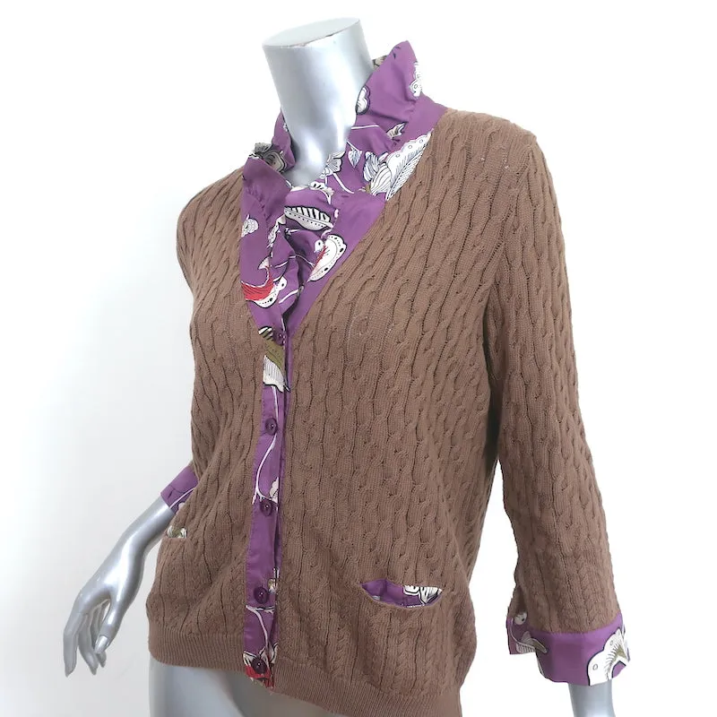 Etro Ruffled Silk-Trim Cardigan Brown Cotton Cable Knit Size 46
