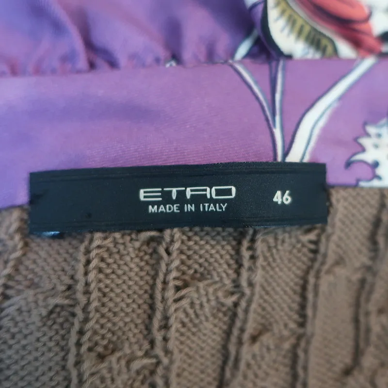 Etro Ruffled Silk-Trim Cardigan Brown Cotton Cable Knit Size 46