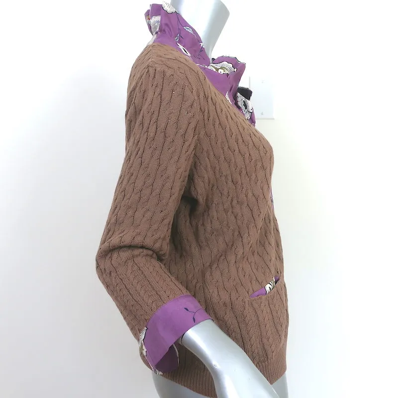 Etro Ruffled Silk-Trim Cardigan Brown Cotton Cable Knit Size 46