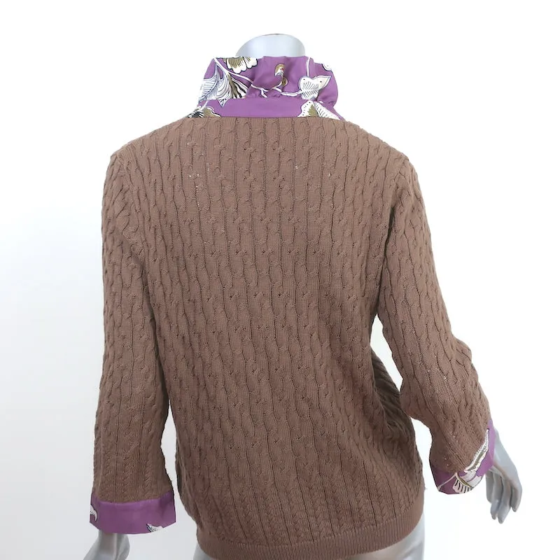 Etro Ruffled Silk-Trim Cardigan Brown Cotton Cable Knit Size 46