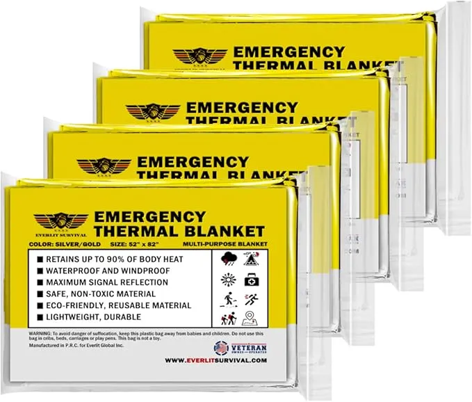 EVERLIT Survival Emergency Mylar Thermal Blanket, Foil Space Blanket Designed for NASA, Body Warmer Blanket for Outdoor, First Aid, Camping Gear, Hiking Travel (Gold & Silver, 4 Pack)