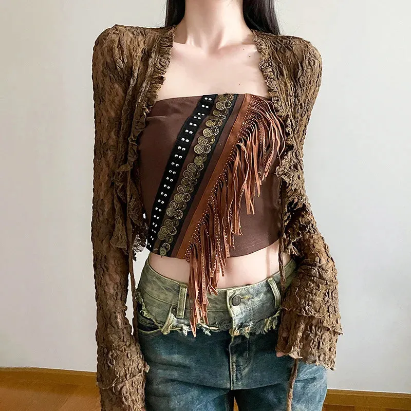 Exotic Ethnic Style Strapless Fringed Top with Metal Retro Decoration – Slim Fit Indie Folk Y2K Tank