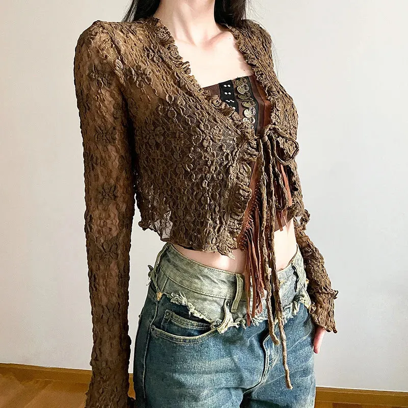 Exotic Ethnic Style Strapless Fringed Top with Metal Retro Decoration – Slim Fit Indie Folk Y2K Tank