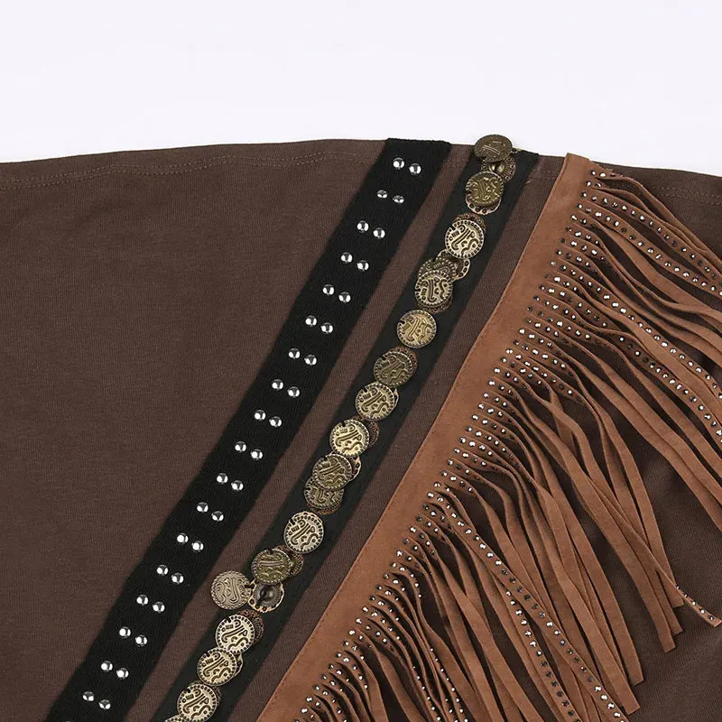 Exotic Ethnic Style Strapless Fringed Top with Metal Retro Decoration – Slim Fit Indie Folk Y2K Tank