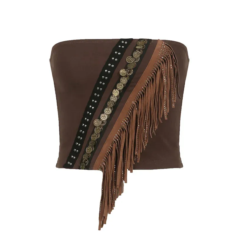 Exotic Ethnic Style Strapless Fringed Top with Metal Retro Decoration – Slim Fit Indie Folk Y2K Tank