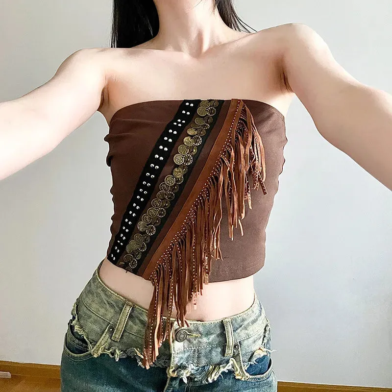 Exotic Ethnic Style Strapless Fringed Top with Metal Retro Decoration – Slim Fit Indie Folk Y2K Tank