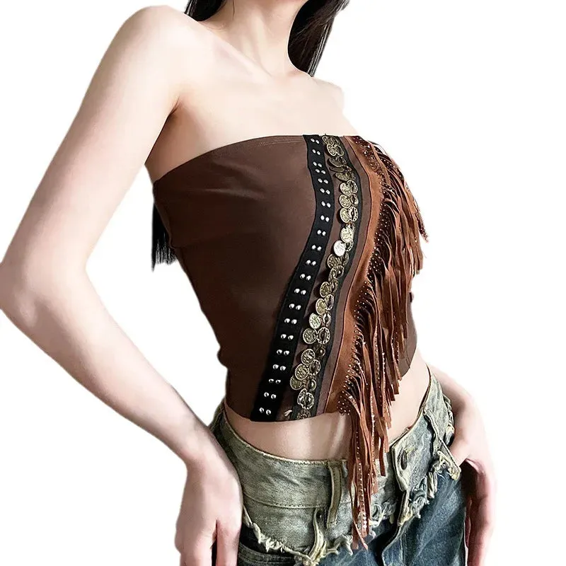 Exotic Ethnic Style Strapless Fringed Top with Metal Retro Decoration – Slim Fit Indie Folk Y2K Tank
