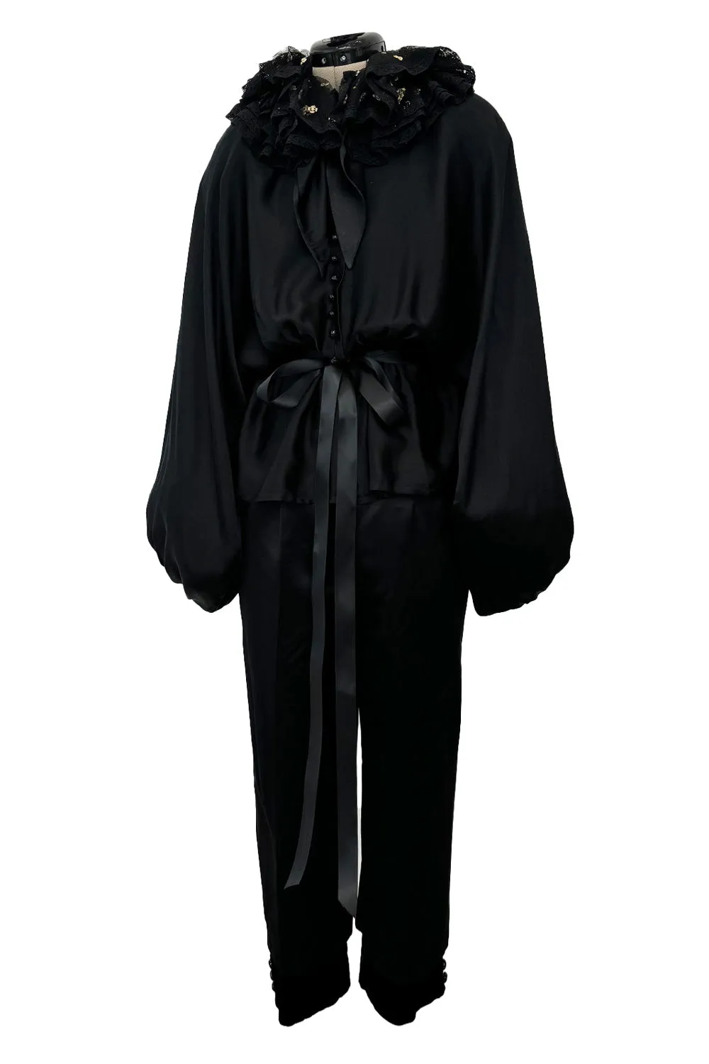 Fabulous 1970s Valentino Black Silk Cropped Pants & Black Silk Top Set w Gold Detailed Ruffled Collar