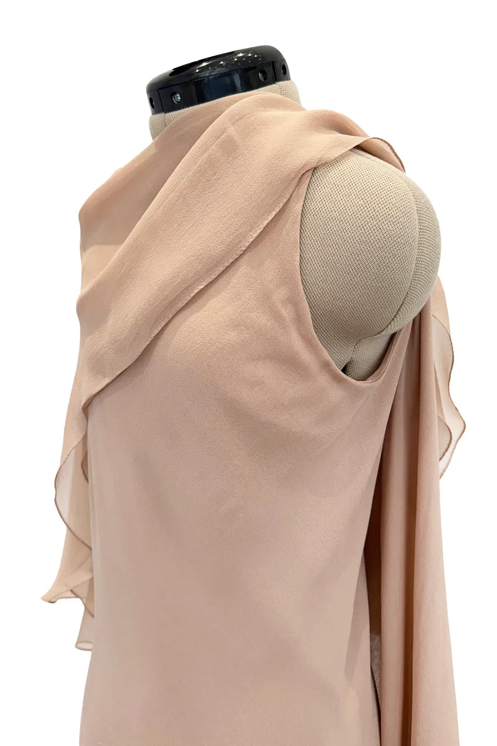 Fall 1975 Halston Runway Pale Neutral Bias Cut Silk Chiffon Dress W Ruffled & Open V Back