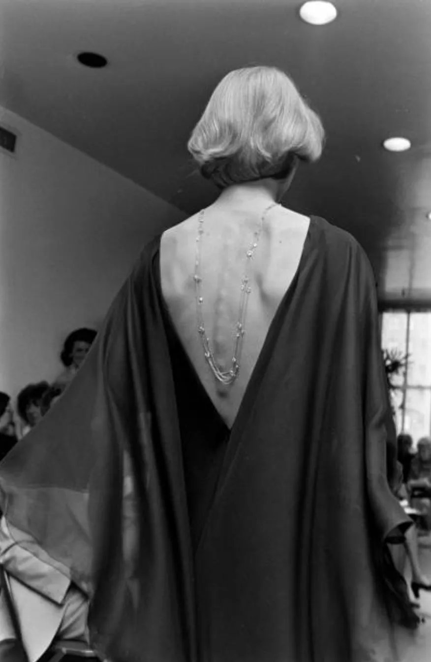 Fall 1975 Halston Runway Pale Neutral Bias Cut Silk Chiffon Dress W Ruffled & Open V Back