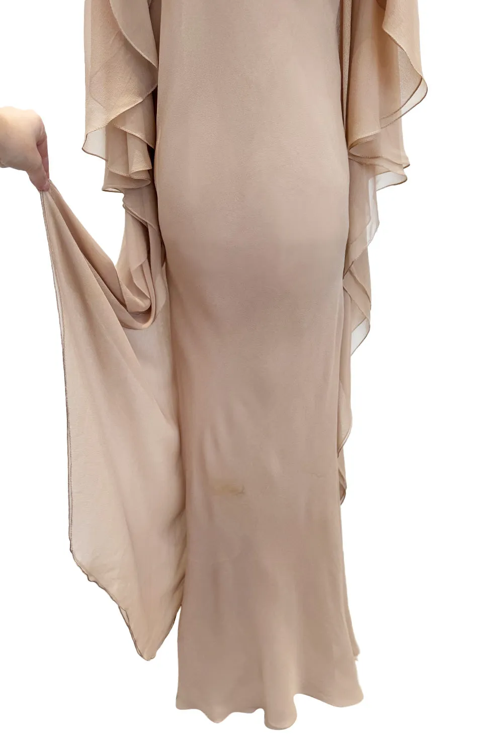 Fall 1975 Halston Runway Pale Neutral Bias Cut Silk Chiffon Dress W Ruffled & Open V Back