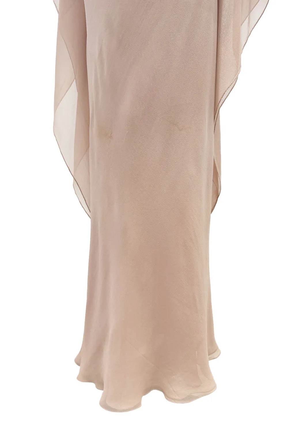 Fall 1975 Halston Runway Pale Neutral Bias Cut Silk Chiffon Dress W Ruffled & Open V Back