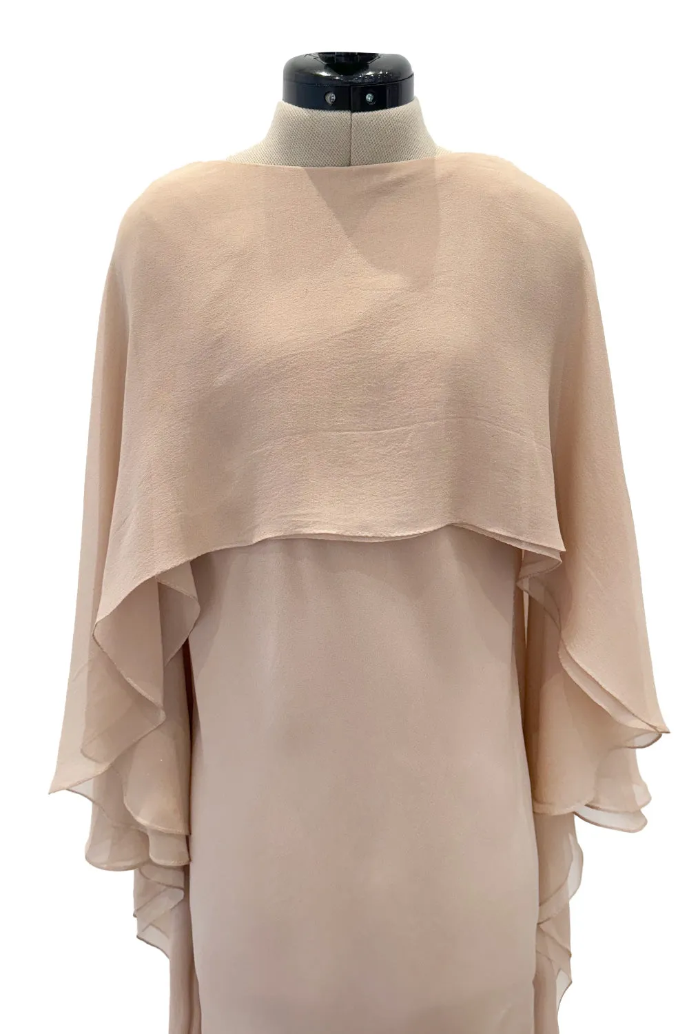 Fall 1975 Halston Runway Pale Neutral Bias Cut Silk Chiffon Dress W Ruffled & Open V Back