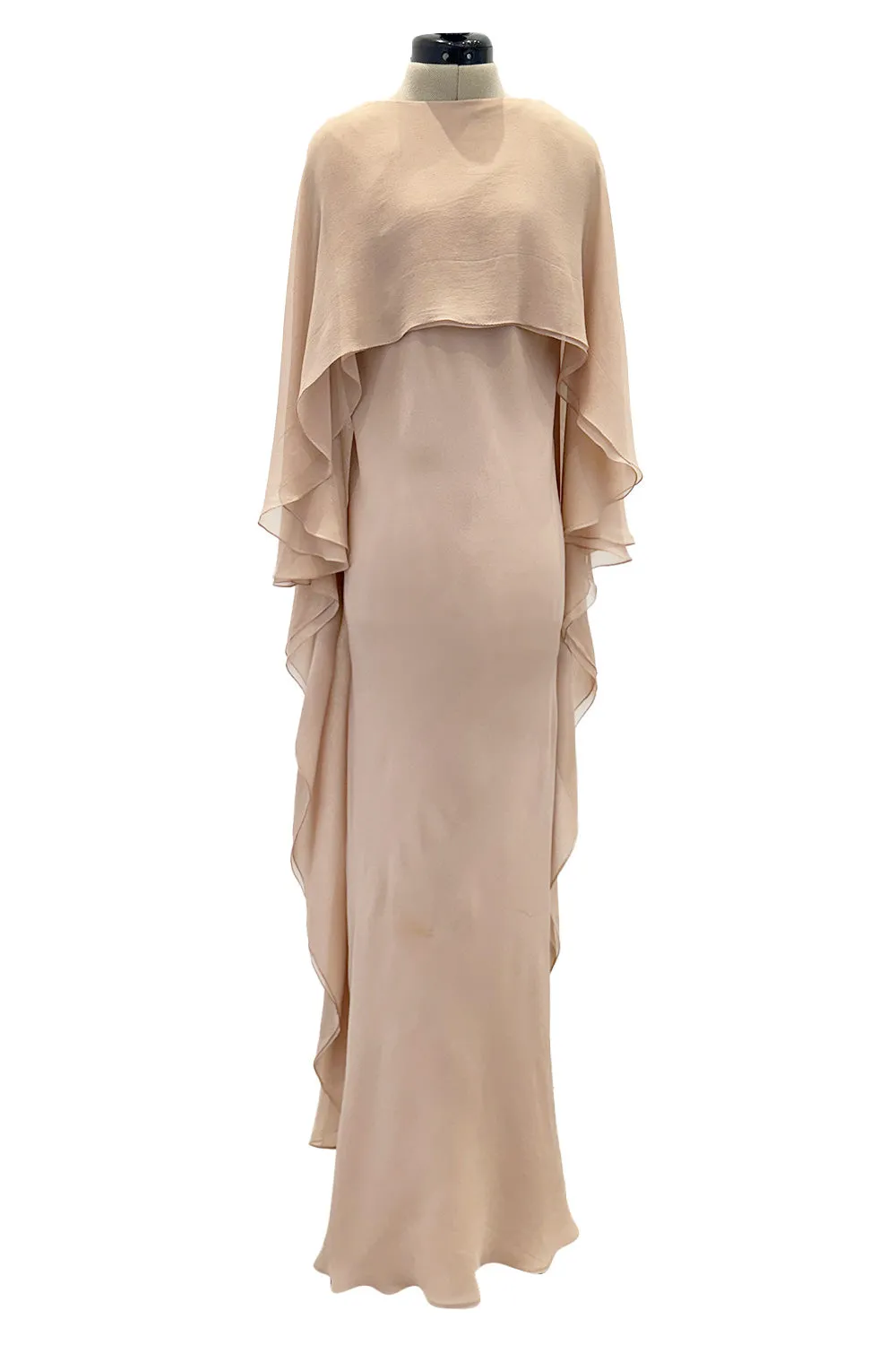 Fall 1975 Halston Runway Pale Neutral Bias Cut Silk Chiffon Dress W Ruffled & Open V Back