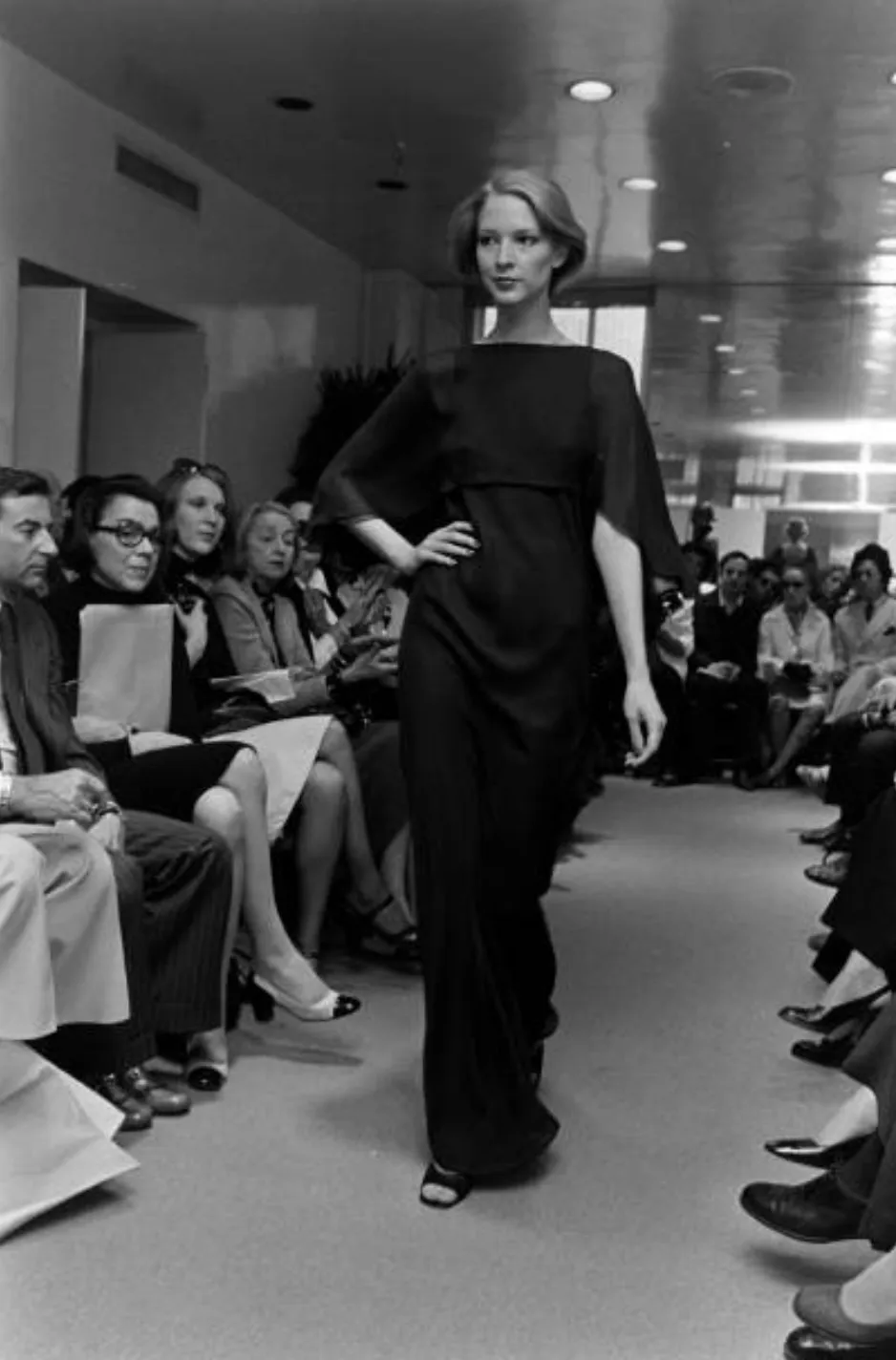 Fall 1975 Halston Runway Pale Neutral Bias Cut Silk Chiffon Dress W Ruffled & Open V Back