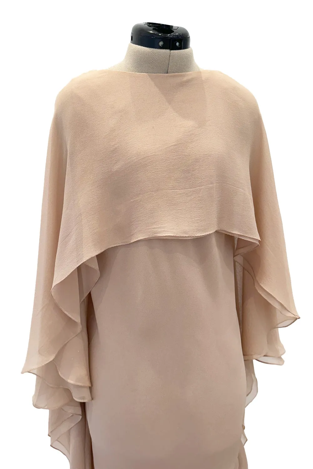 Fall 1975 Halston Runway Pale Neutral Bias Cut Silk Chiffon Dress W Ruffled & Open V Back