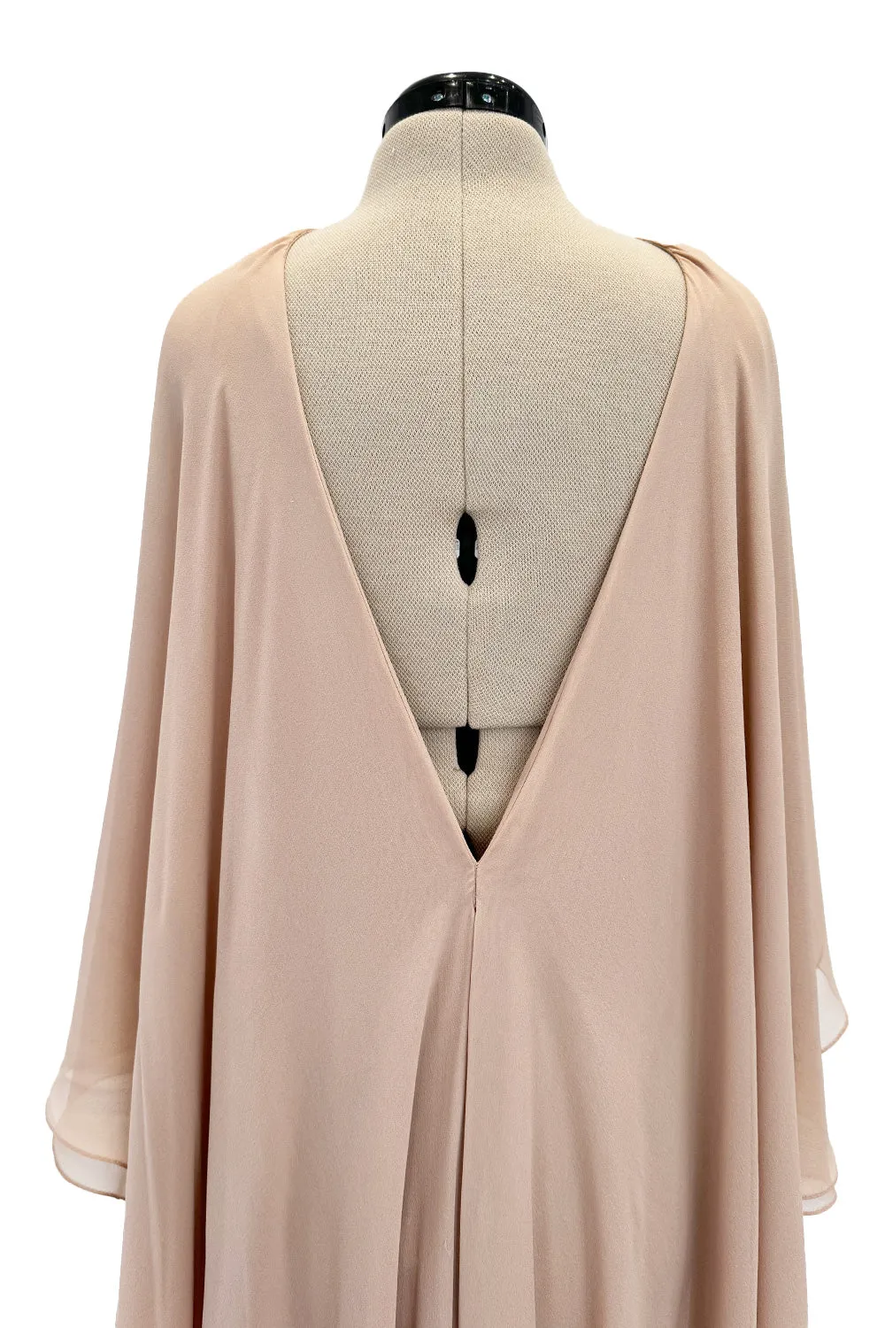 Fall 1975 Halston Runway Pale Neutral Bias Cut Silk Chiffon Dress W Ruffled & Open V Back