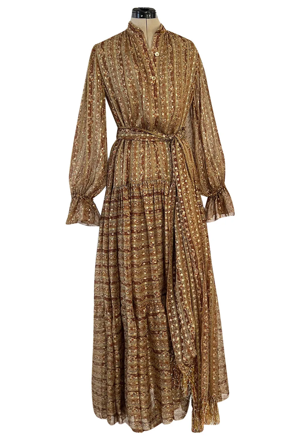 Fall 1977 Oscar De La Renta Feather Light Metallic Chiffon Dress & Extra Long Sash