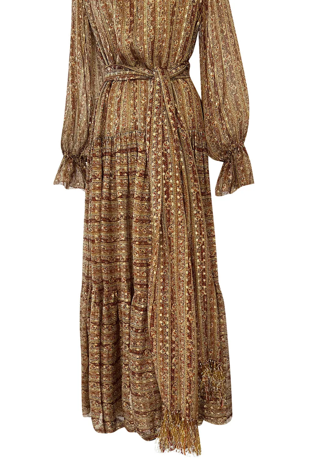 Fall 1977 Oscar De La Renta Feather Light Metallic Chiffon Dress & Extra Long Sash