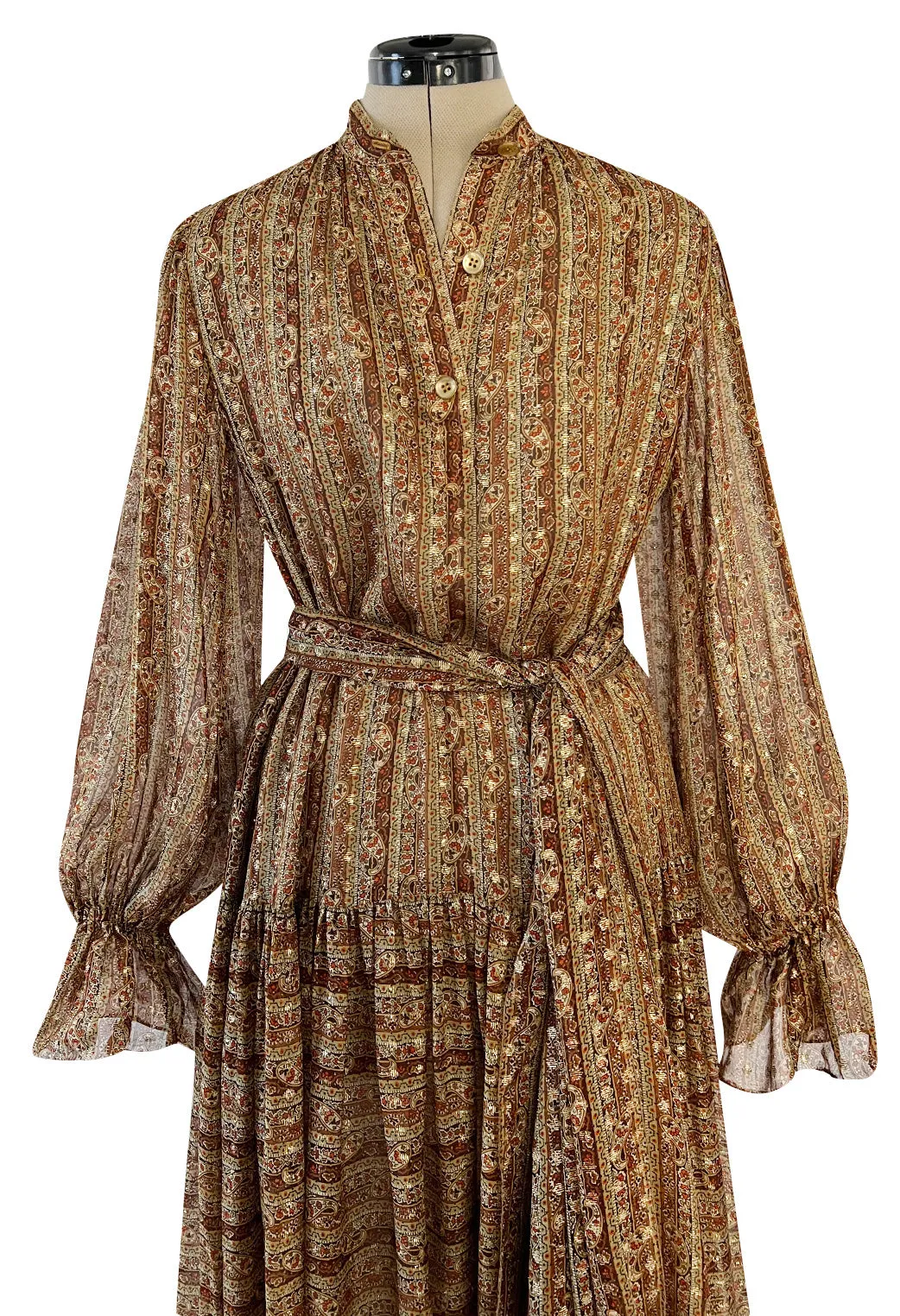 Fall 1977 Oscar De La Renta Feather Light Metallic Chiffon Dress & Extra Long Sash