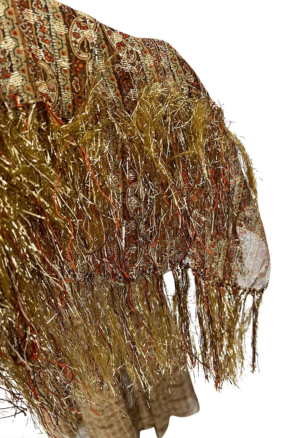 Fall 1977 Oscar De La Renta Feather Light Metallic Chiffon Dress & Extra Long Sash