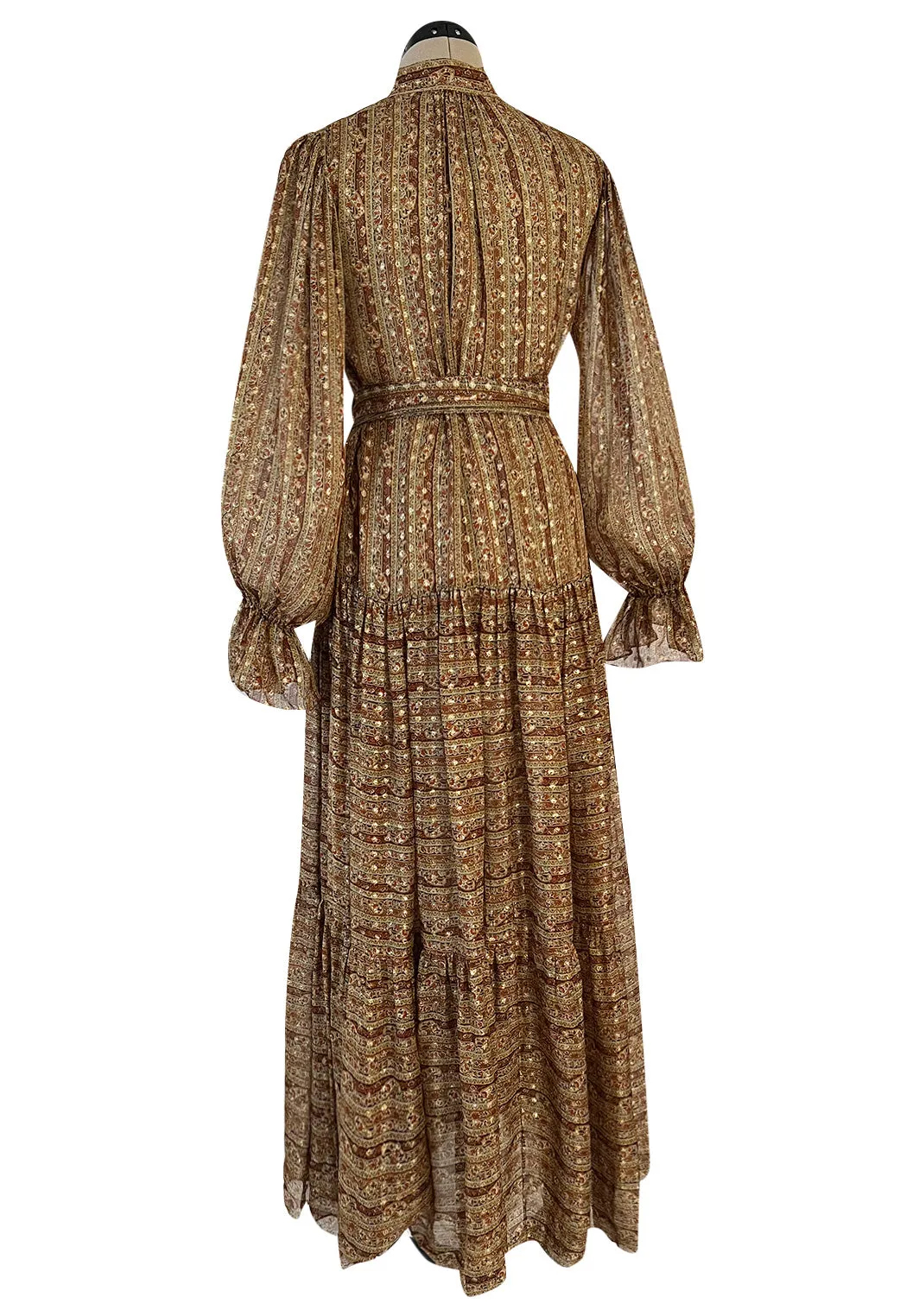 Fall 1977 Oscar De La Renta Feather Light Metallic Chiffon Dress & Extra Long Sash