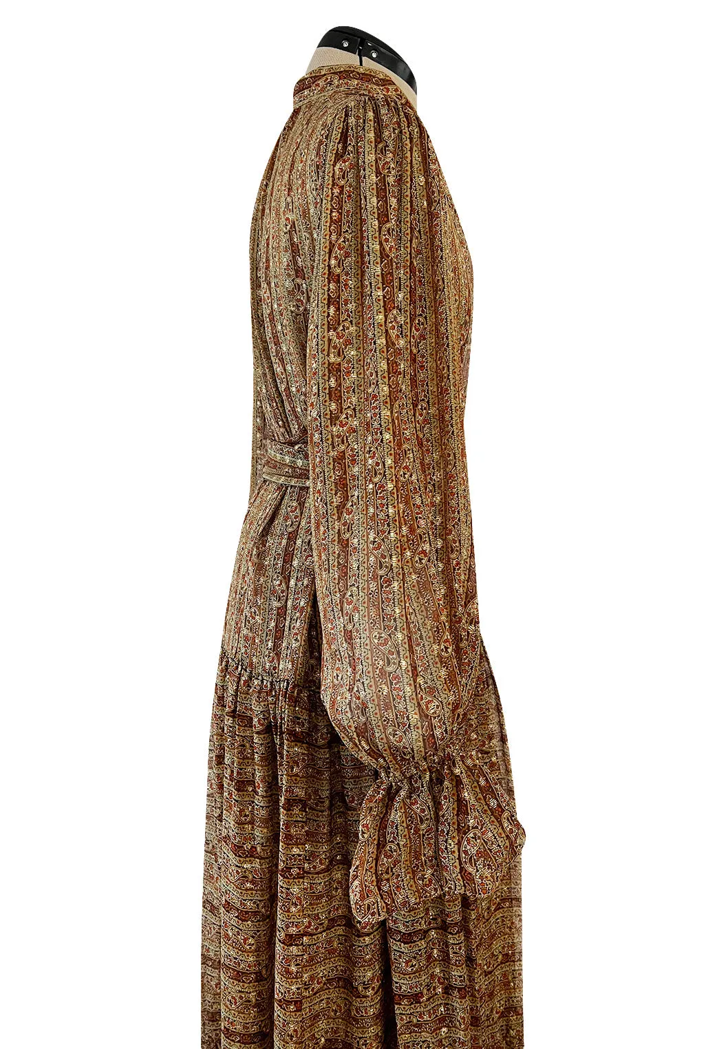 Fall 1977 Oscar De La Renta Feather Light Metallic Chiffon Dress & Extra Long Sash