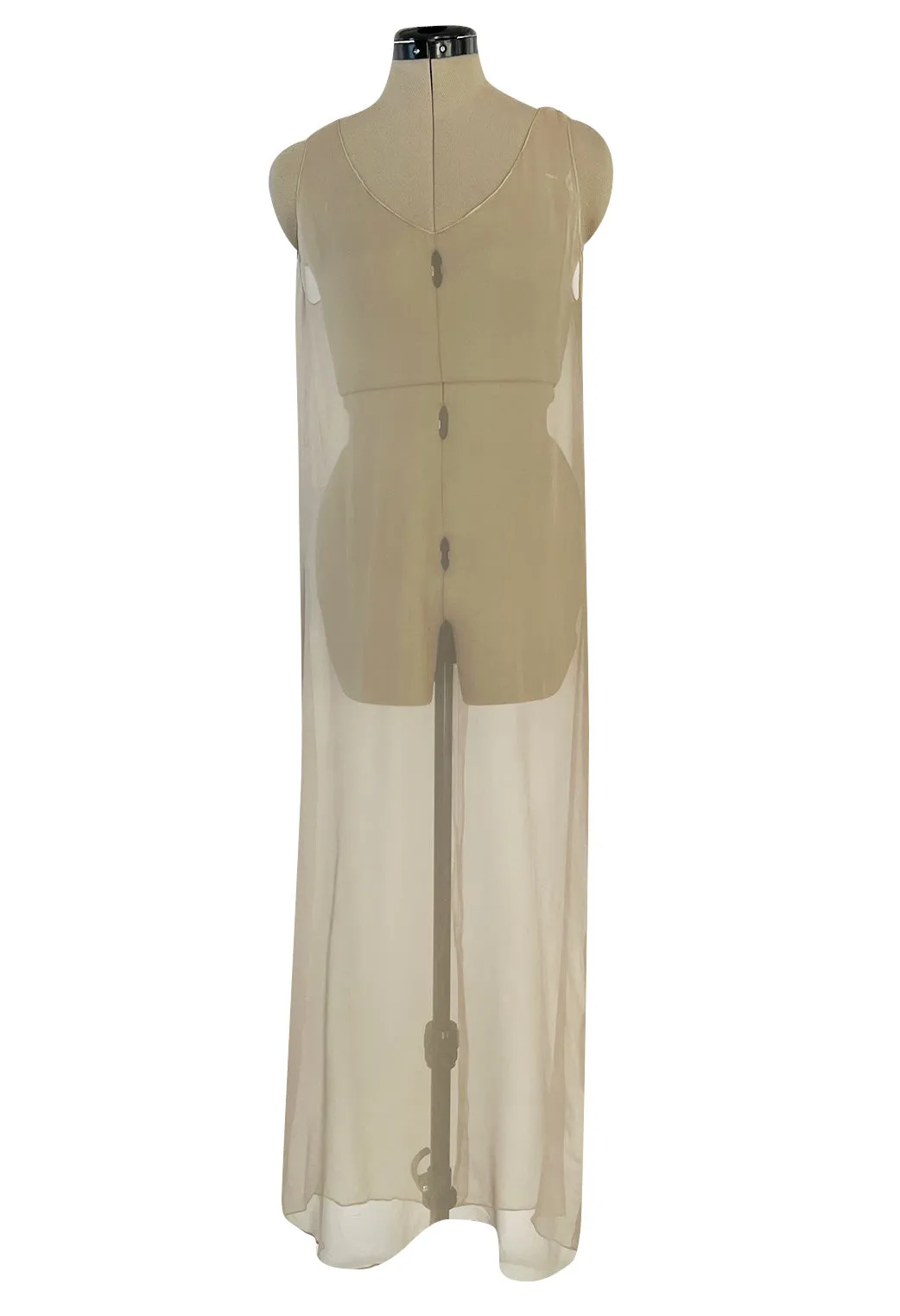 Fall 1977 Oscar De La Renta Feather Light Metallic Chiffon Dress & Extra Long Sash