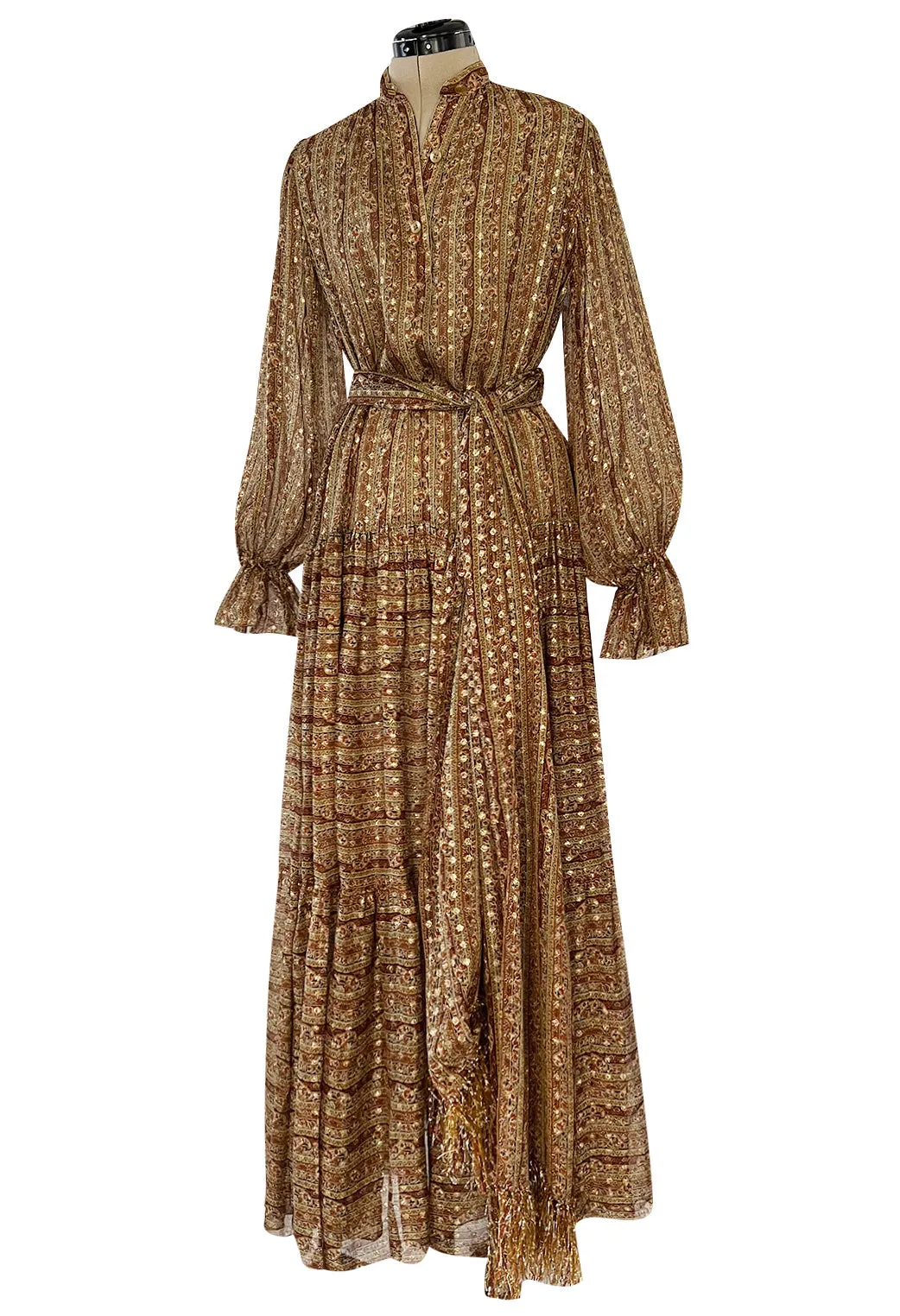 Fall 1977 Oscar De La Renta Feather Light Metallic Chiffon Dress & Extra Long Sash