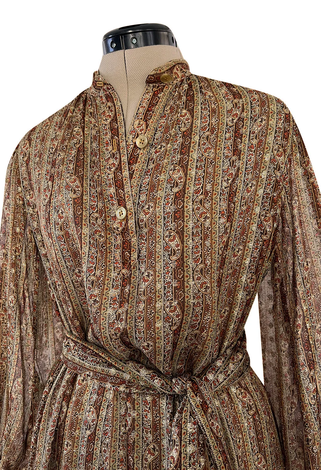 Fall 1977 Oscar De La Renta Feather Light Metallic Chiffon Dress & Extra Long Sash