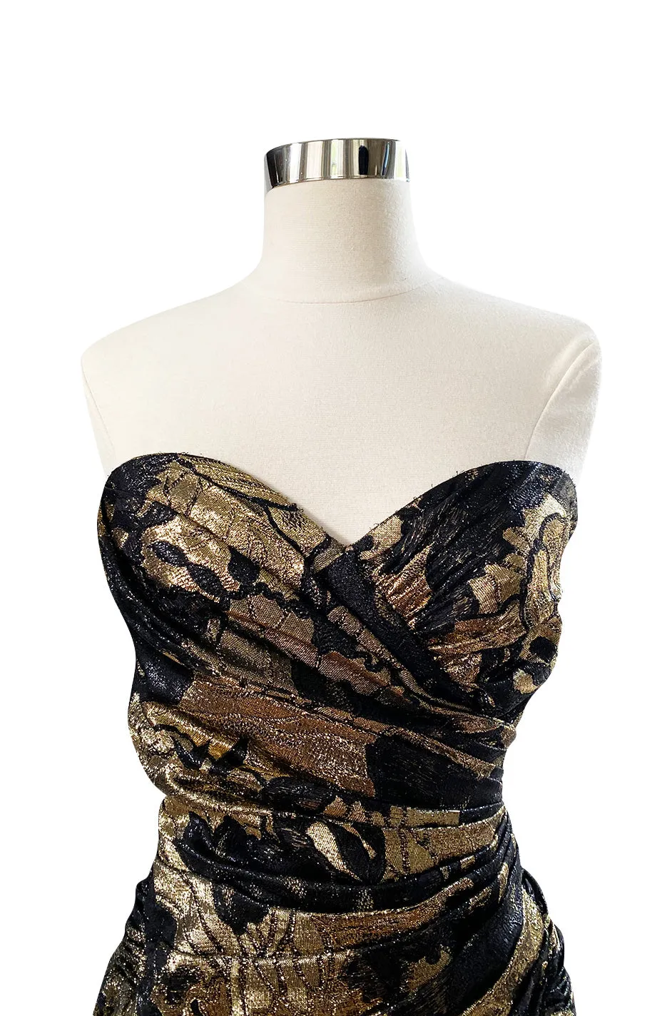 Fall 1988 Emanual Ungaro Strapelss Gold Metallic Black & Gold Ruffled Hem Dress