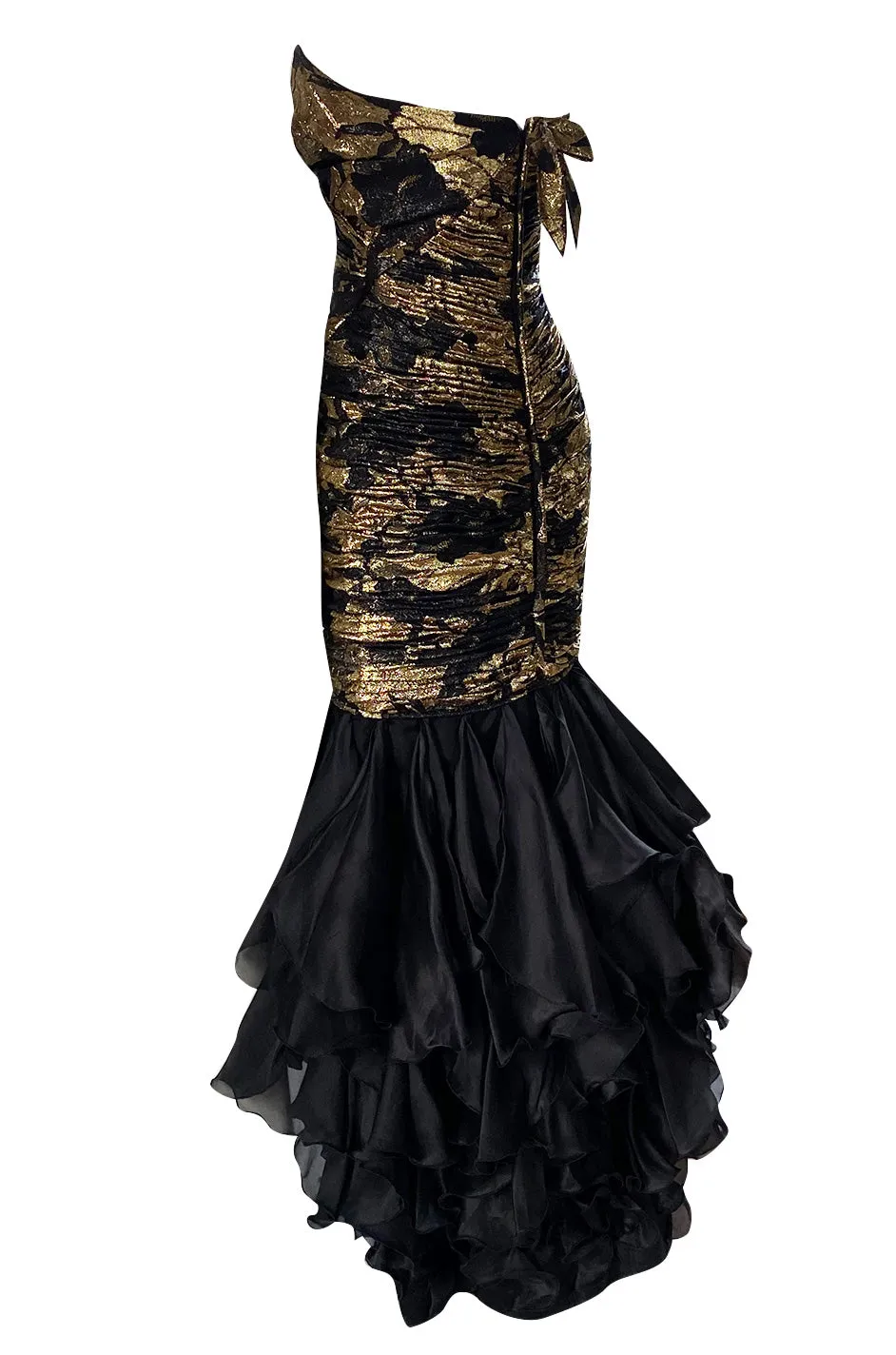 Fall 1988 Emanual Ungaro Strapelss Gold Metallic Black & Gold Ruffled Hem Dress