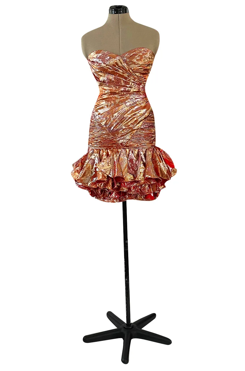 Fall 1988 Emanuel Ungaro Strapless Metallic Gold & Coral Dress w Flirty Ruffled Skirt