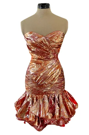 Fall 1988 Emanuel Ungaro Strapless Metallic Gold & Coral Dress w Flirty Ruffled Skirt