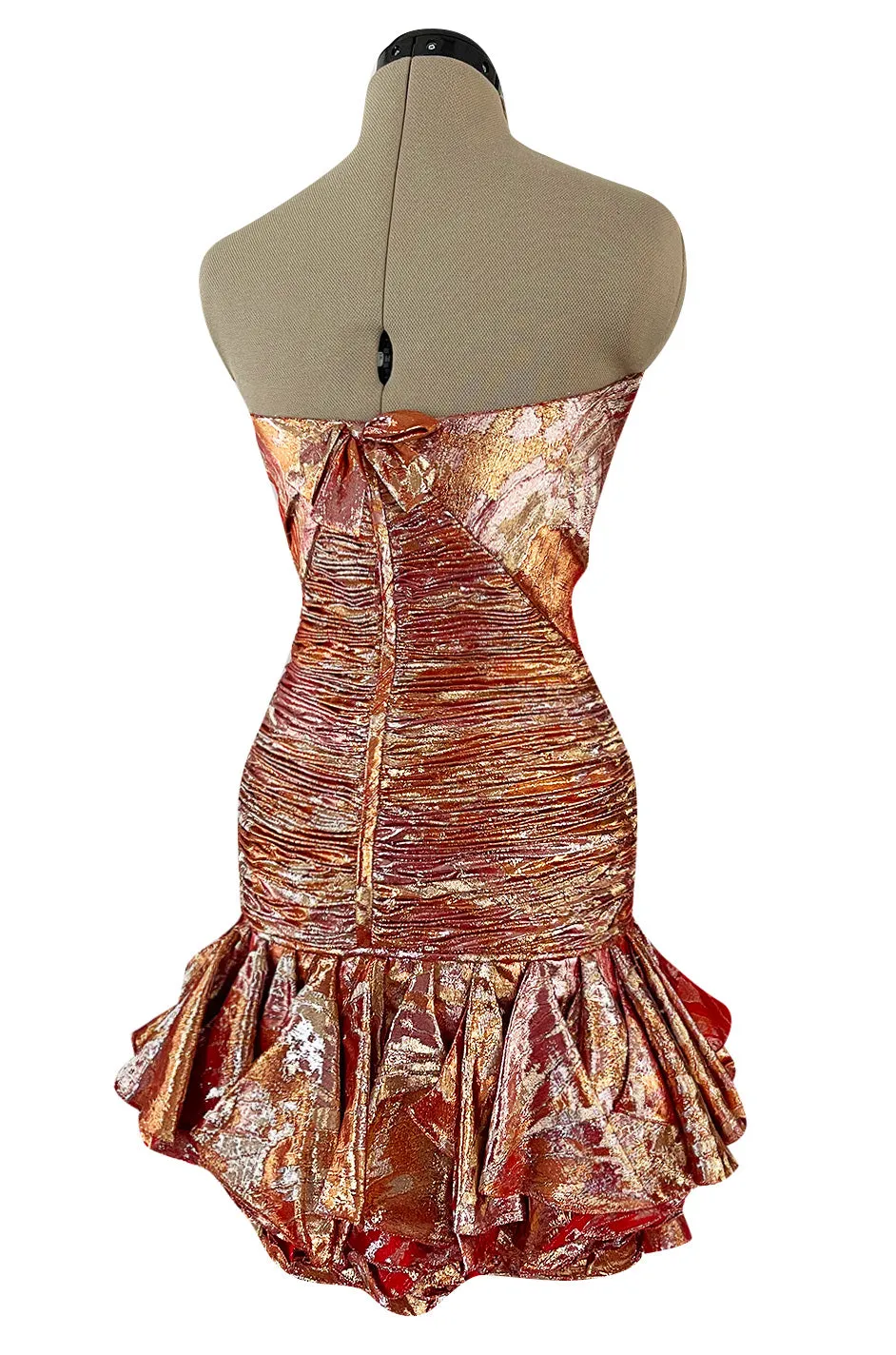 Fall 1988 Emanuel Ungaro Strapless Metallic Gold & Coral Dress w Flirty Ruffled Skirt