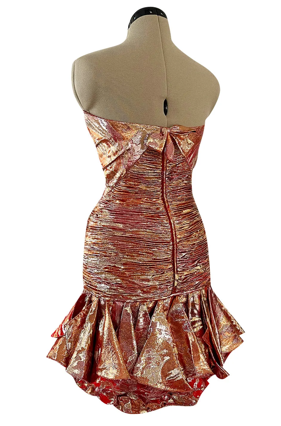 Fall 1988 Emanuel Ungaro Strapless Metallic Gold & Coral Dress w Flirty Ruffled Skirt