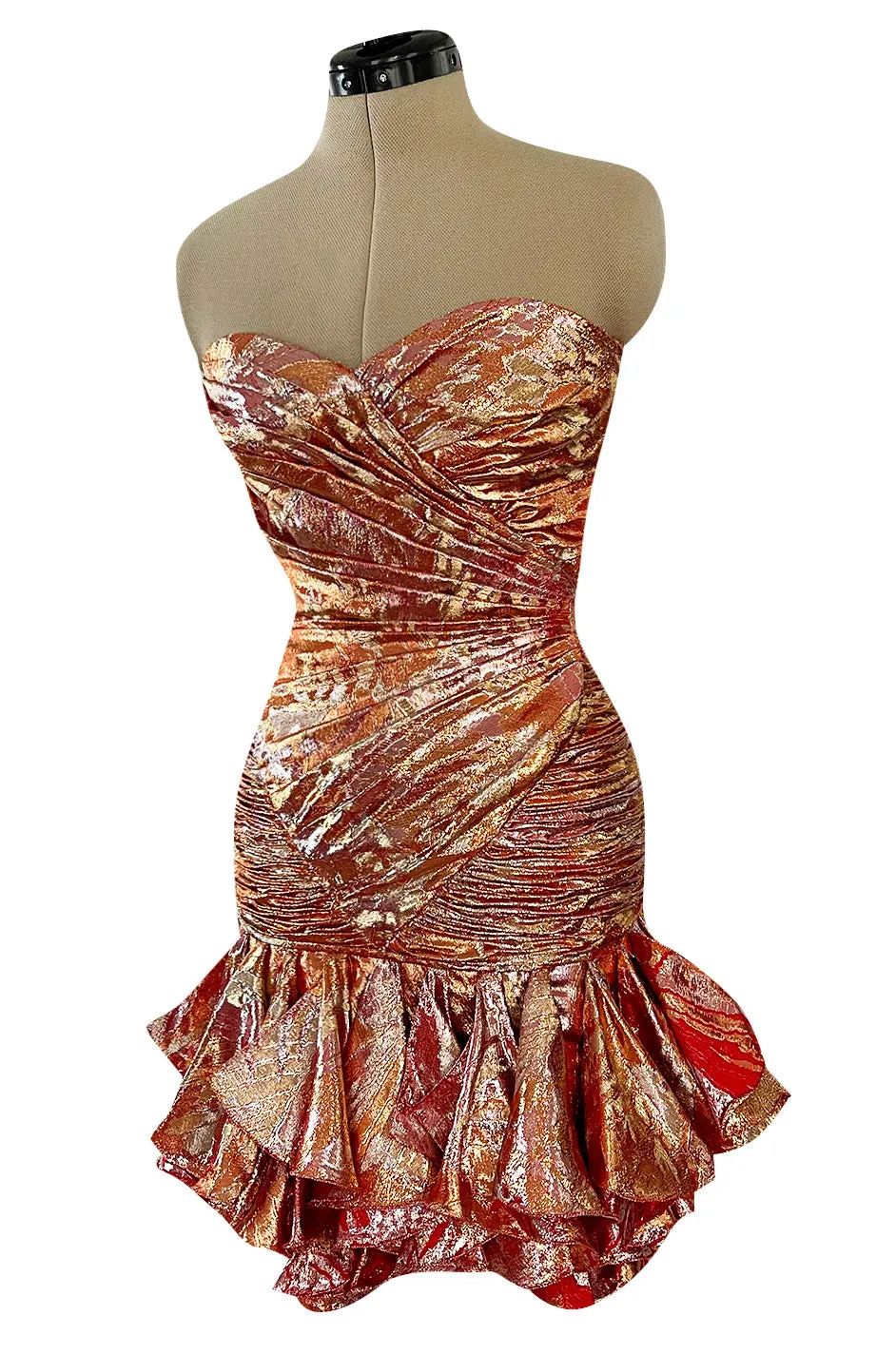 Fall 1988 Emanuel Ungaro Strapless Metallic Gold & Coral Dress w Flirty Ruffled Skirt