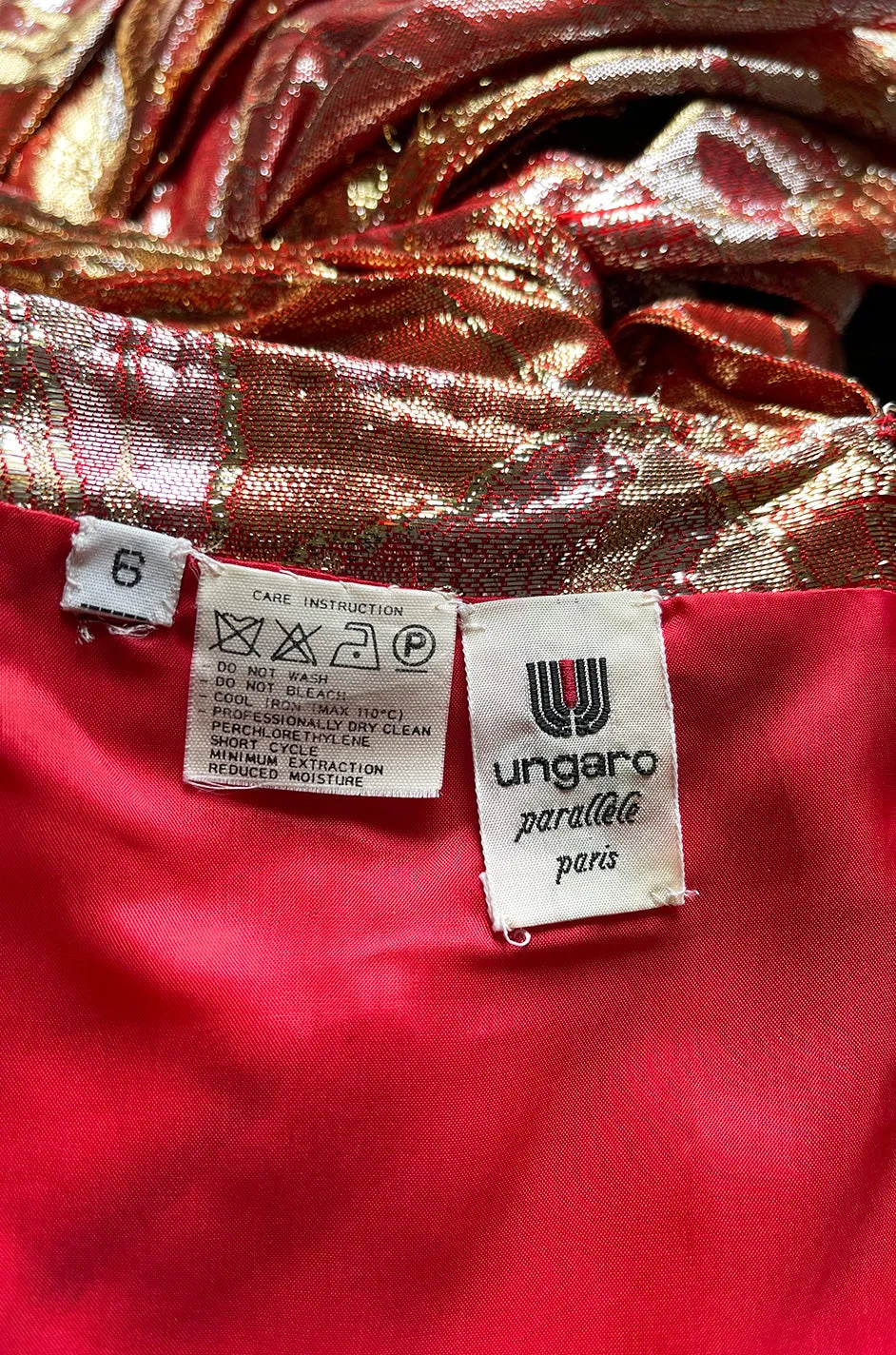 Fall 1988 Emanuel Ungaro Strapless Metallic Gold & Coral Dress w Flirty Ruffled Skirt